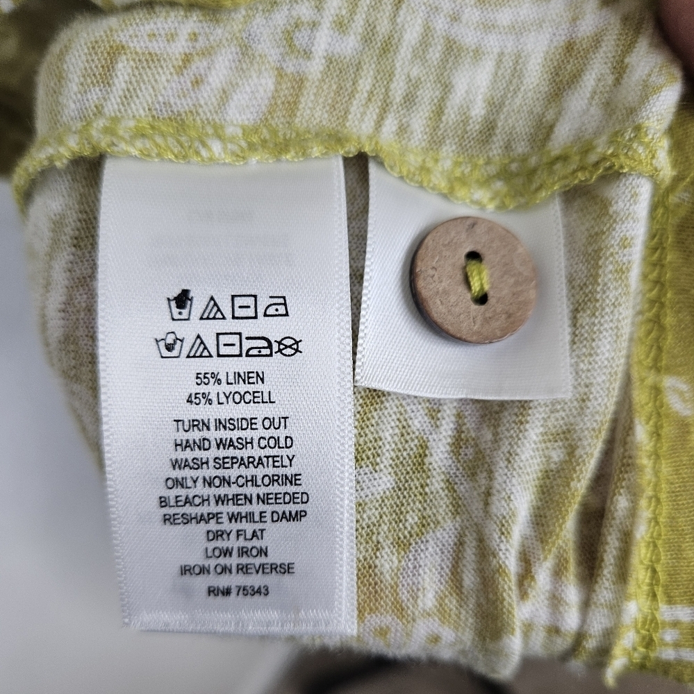 Joie Linen Blend Boho Print Yellow Green Button Detail Scoopneck Paisley Top - Picture 7 of 8